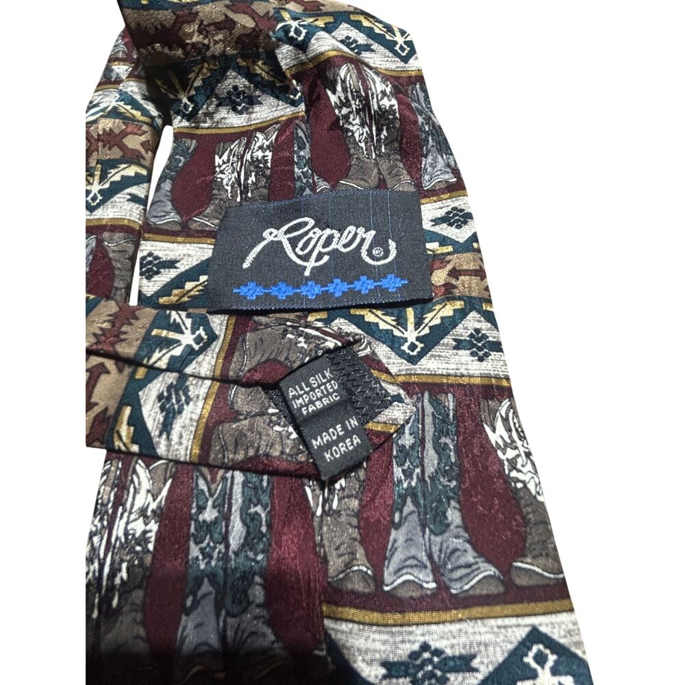 Roper Vintage Southwest Cowboy Boots w/geometric borders silk necktie